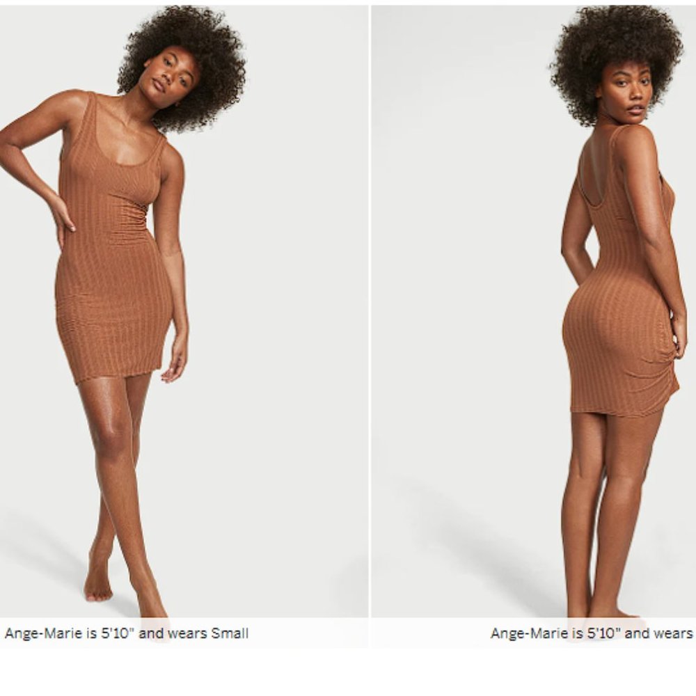 VICTORIA'S SECRET Luxe Modal Ribbed Slip / Nightgown Caramel Sexy NWT - Picture 4 of 6